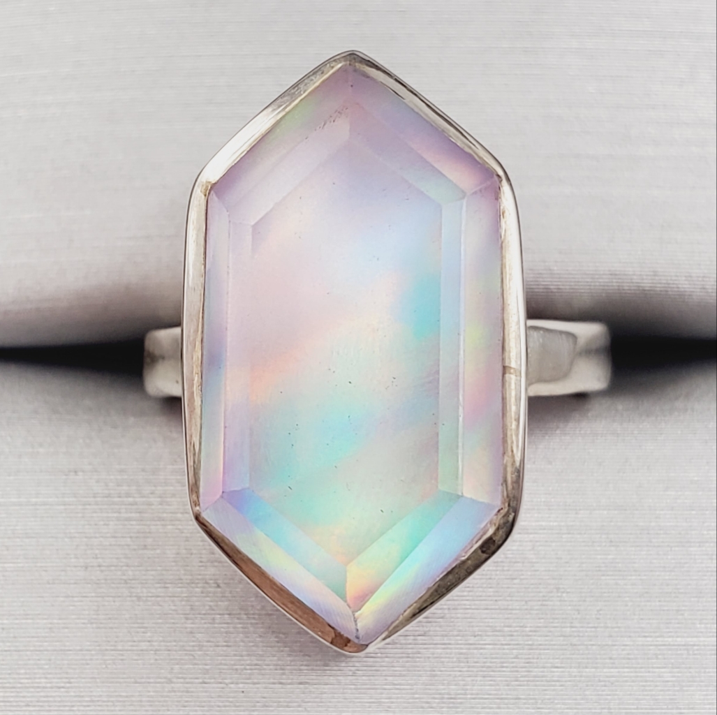 Iridescent Hexagon Gemstone 925 Silver Ring - Opalite Aura Glow